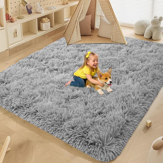Fluffy Plush Shag Rug 5x7,Ultra Soft Rug for Living Room,Non-Slip Fuzzy Rugs for Bedroom,Carpet for Girl Boy Kids,Modern Indoor Home Decor Aesthetic,Light Gray