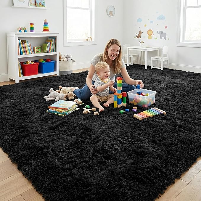 Large Area Rugs for Living Room, 9x11 Soft Fluffy Shaggy Rug, Machine Washable Non-Slip Plush Fuzzy Indoor Carpet, Aesthetic Home Decor for Bedroom, Kids Room, Nursery, Dorm, Black