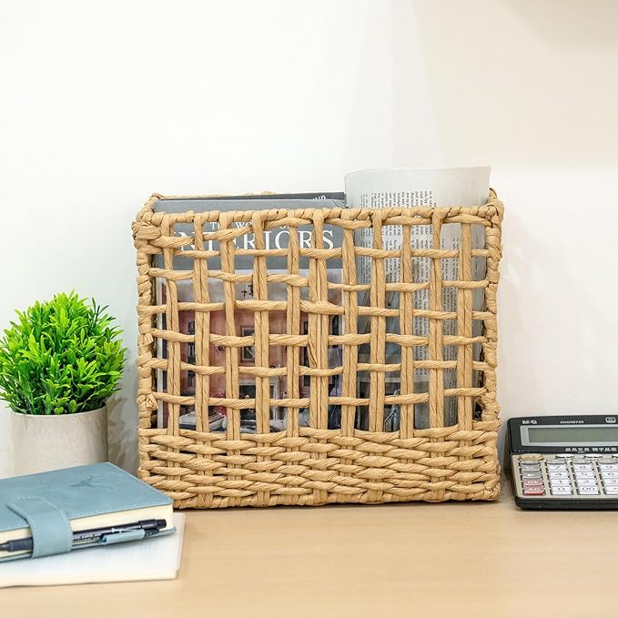 YRMT Magazine Holder Paper Rope Woven Storage Basket for Magazines, Newspapers, Books Decorative Folder Organizer Bin for Home Office