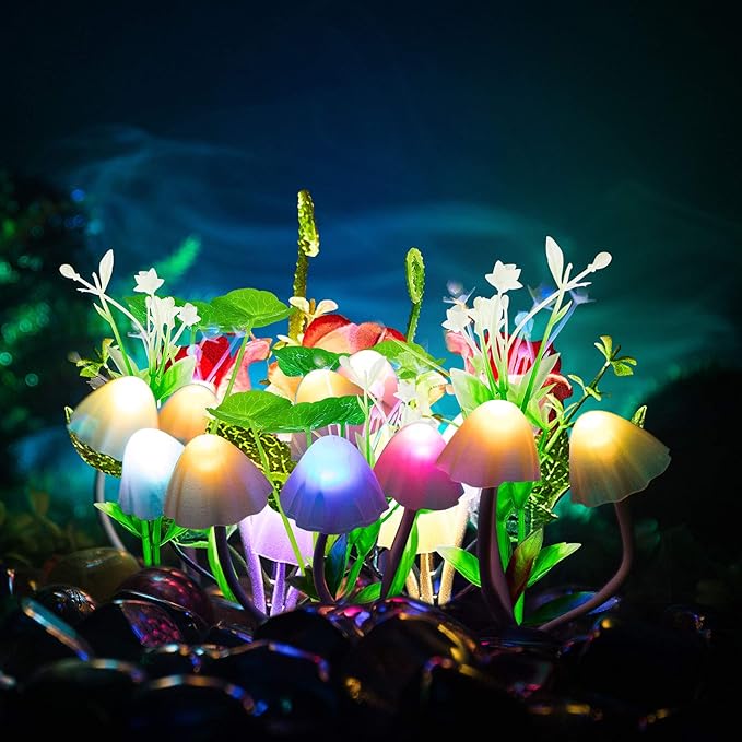 Mudder 6 Pack Mushroom Night Light LED Night Light Plug in Lamp 7 Color Changing Magic Cute Shaped Lamp Wall Decor for Adults Bathroom Home(Lotus Leaves, Rose)