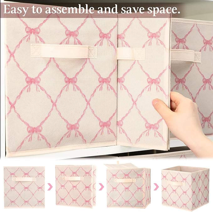 Geelin 6 Pcs Beige Bow Cube Storage Bins 11 Inch Storage Basket with Handle, Preppy Girls Organizer Basket, Collapsible Fabric Box for Classroom Bedrooms Office Home Decoration Gift