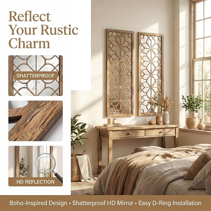 Set of 2 16x41.5 Inch Large Carved Floral Wood Frame Wall Mirrors, Shatterproof Boho Farmhouse Rustic Accent Mirrors for Living Room, Bedroom, Bathroom, Entryway & Home Wall Decor （Redbrown）