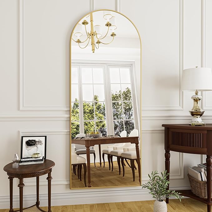 Rowjut Full Length Mirror Arched Floor Length Mirrors, 71"x26" Large Full Body & with Stand&Arch Wall Mounted &Standing Mirror for Bedroom Living Room, Aluminum Frame, Gold