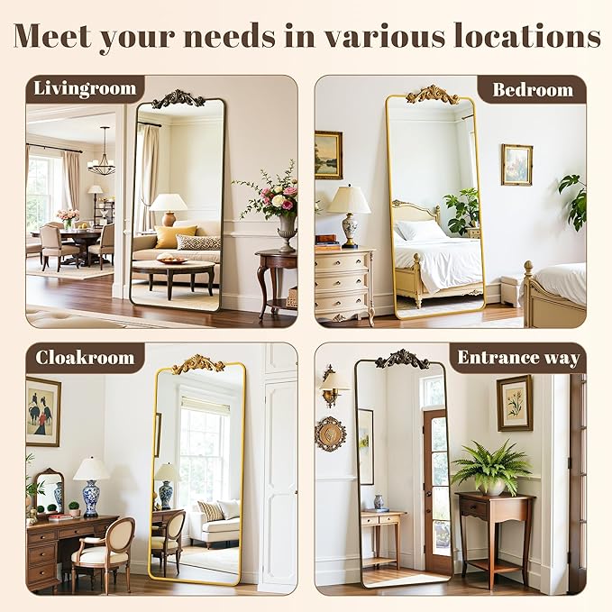 Vintage Full Length Mirror, 71"x28" Floor Mirror with Carved, Full Body Mirrors for Home Decor, Standing/Hanging Large Wall Mirrors for Bedroom/Living Room/Entryway, Bronze, Retro Style