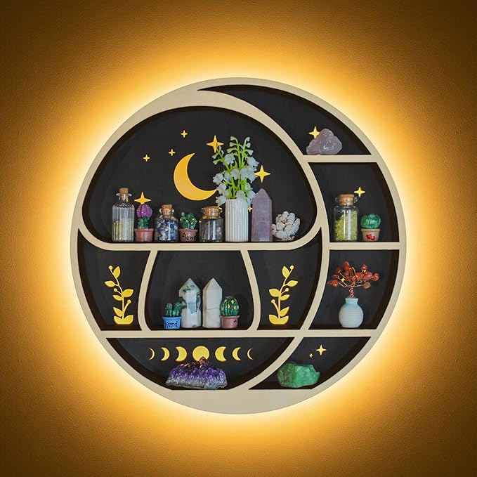 Circle Mushroom on The Moon Wall Shelf with LED Light, Wooden Trinket Knick Knack Shelf, Mushroom & Moon Decor Crystal Display Shelf for Rocks Gems Healing Stones, Cute Crystal Holder Organizer