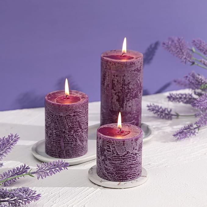 3x4 Inch Purple Pillar Candles Set of 3 - Hand-Poured Unscented Candles, Long Clean Burning, Smokeless Dripless Candle for Dinner Table, Wedding, Home, Bathroom, Advent Decor