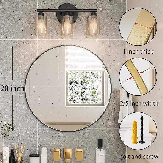 Growsun 28 inch Black Round Mirror, Wall-Mounted Circle Mirror for Bathroom & Living Room Decoration, 2 Pack