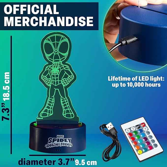 Get Trend Marvel Spidey 3D Illusion Night Light for Kids, 16 Colors, 4 Lighting Modes, Dimmable, LED Desk Lamp with Remote Control, Bedroom Decor, Gifts for Boys, Girls (Multi Spidey)