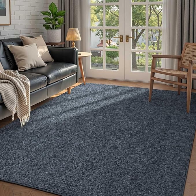 FinRèc 4x6 Washable Area Rugs for Bedroom Living Room, Low Pile Thin Rug Solid Color, Non-Slip Carpet Indoor for Home Decor (Navy Blue/White)
