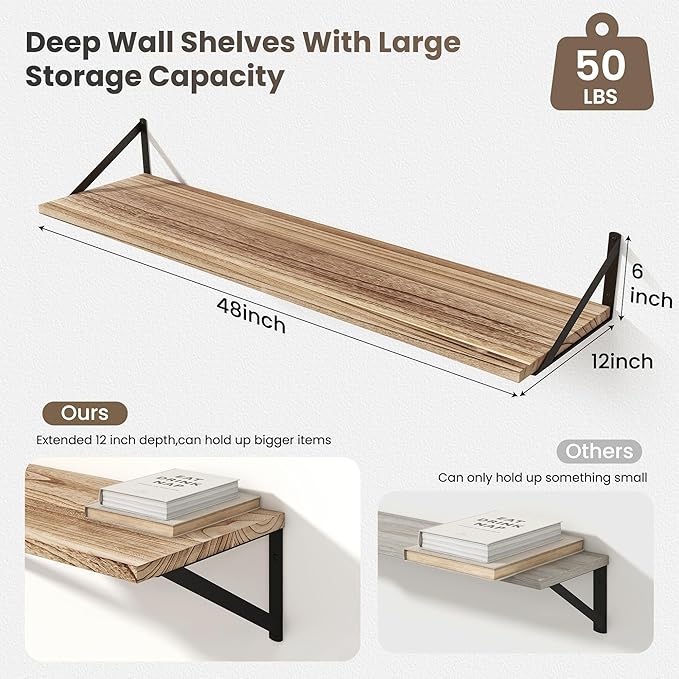 Marsmiles Deep Floating Shelves for Wall - 48 Inch Wide x 12 Inch Deep Wall Shelves Set of 2 - Rustic Wood Floating Shelves for Living Room Bedroom Bathroom