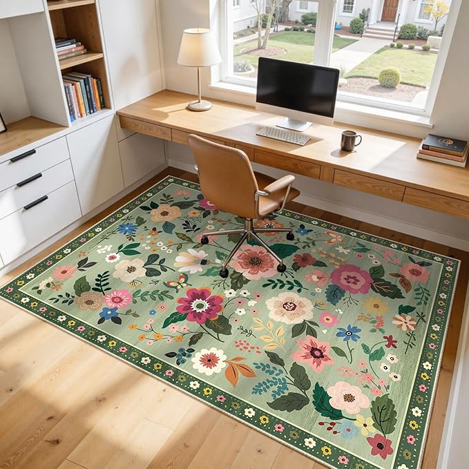 RELEANY Floral Nursery 6x9 Area Rugs Washable Print Boho Cute Carpet Non Slip Flower Low Pile for Living Room Kids Girls Playroom Bedroom Kitchen Office Farmhouse-Light Green