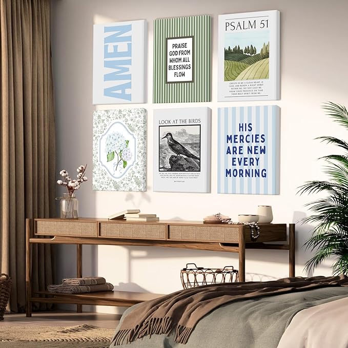 Blue Green Christian Wall Art Decor Bible Verse Canvas Poster Preppy Scripture Pictures Trendy Religious Prints Aesthetic Floral Artwork Painting for Bedroom Living Room 12x16 Inch Ready to Hang 6Pcs