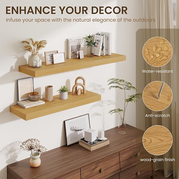 Fun Memories 48 Inch Floating Shelves for Wall - 12 Inch Deep Fireplace Mantel Shelf - Wood Floating Shelf for Wall - Large Storage Shelves Wall Mount for Living Room & Bedroom - Oak - Set of 2