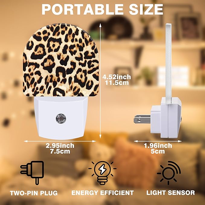Cheetah Night Lights Plug into Wall Leopard Print Night Light Dusk to Dawn Smart Sensor Decorative Round Led Lamp for Bedroom Kitchen Hallway Nightlight for Women Men