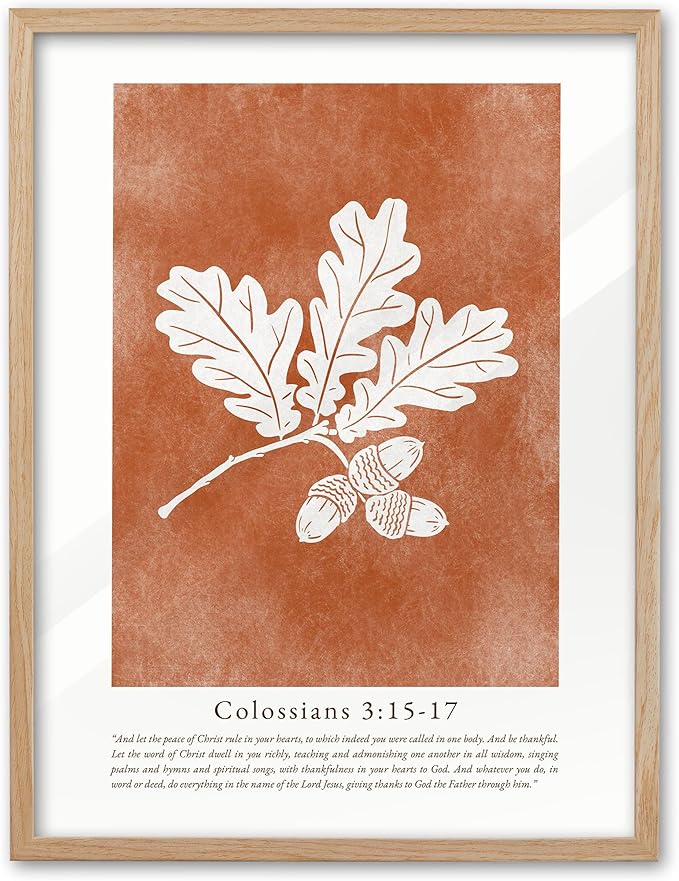 EcoHest Vintage Christian Fall Framed Wall Art, Large 16x20 in OAK Wood Burnt Orange Bible Verse Canvas Wall Art,Botanical Scripture Colossians Faith Home Decor, Set of 1 for Bedroom Living Room