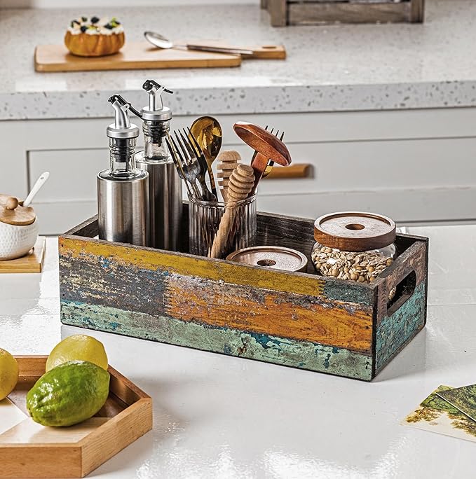 TIMRIS Farmhouse Distressed Wooden Storage Box, Rustic Bathroom Decor Box, Decorative Toilet Tank Basket Nice Butt, Solid Reclaimed Wood Organizer Box with Handles (Random)