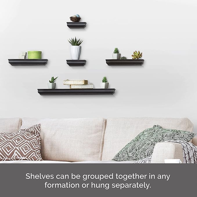 MELANNCO Floating Shelves for Wall Set of 5 - Black MDF Wall Shelves, 2 of 6 in, 2 of 12 in, 1 of 24 in, Multifunctional Room Decor Shelf with Hardware Included