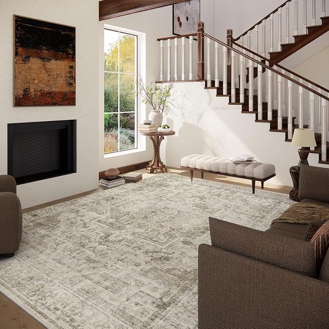 Washable Area Rugs for Living Room: 10x14 Bedroom Area Rugs Boho Vintage Rugs Stain Resistant Non Slip Low Pile Soft Lightweight Carpet for Kitchen Dining Room Farmhouse Nursery Kids Room Home Office