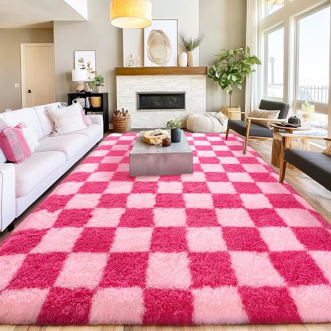 Checkered Rugs for Living Room 6x9, Ultra Soft Fluffy Rug for Bedroom, Modern Shaggy Carpets Rug for Girls Boys Room Home Indoor Nursery Teens Dorm Decor, Upgrade Non-Slip Durable, Pink and Hot Pink
