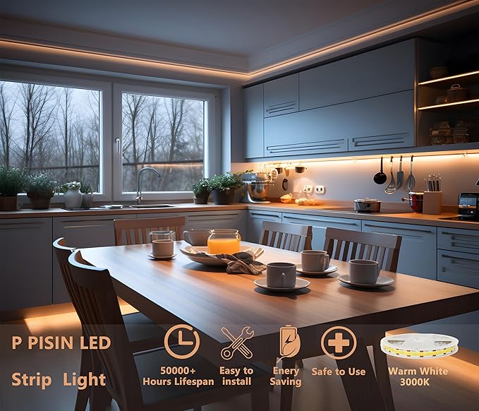 24V COB LED Strip Light Warm White 3000K IP20 Uniform Light Emitting 480LEDs/M 16.4FT/5M CRI90 Flexible Can be Cropped LED Light Strip Cabinet Home DIY Lighting Projects (Warm White 3000K)