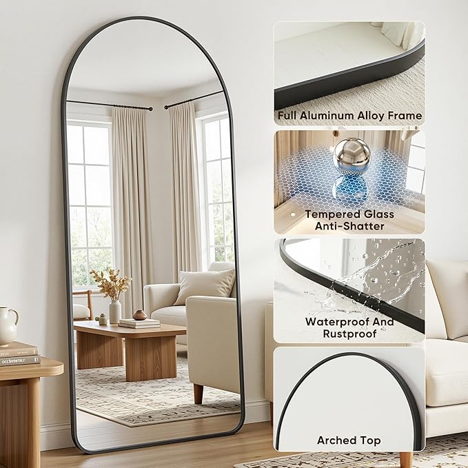Antok Full Length Mirror, 58"x17" Floor Mirror with Stand, Hanging Mounted Mirrors for Bedroom, Living Room, Cloakroom, Dining Room, Black, Arch