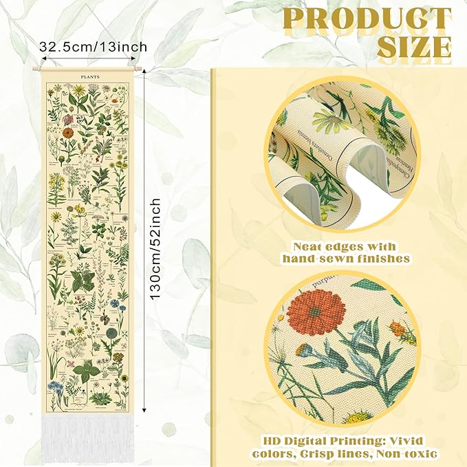 Tegeme Vintage Tapestry 52 x 13 Inch, Long Vertical Wall Hanging Reference Illustrative Botanical Tassel Tapestry for Bedroom Living Room Home Decoration(Plants)