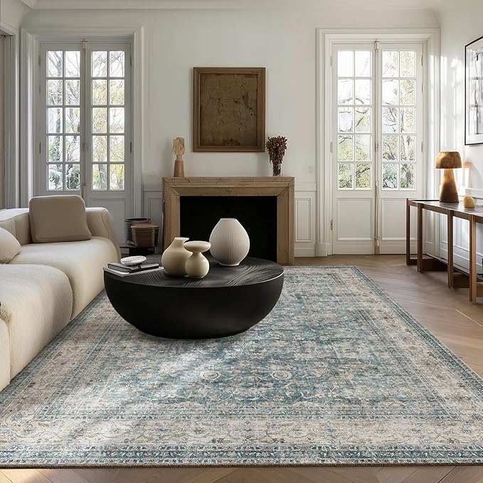 Machine Washable Living Room Rug: 6x9 Area Rugs for Bedroom Vintage Stain Resistant Non Slip Low Pile Lightweight Boho Carpet for Kitchen Dining Room Farmhouse Kids Room Nursery