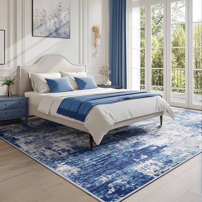 RELEANY Washable Area Rugs 7'x9' Non-Slip Modern Abstract Soft for Living Room Entryway Bedroom Nursery, Print Pattern, Blue Grey Navy Gray
