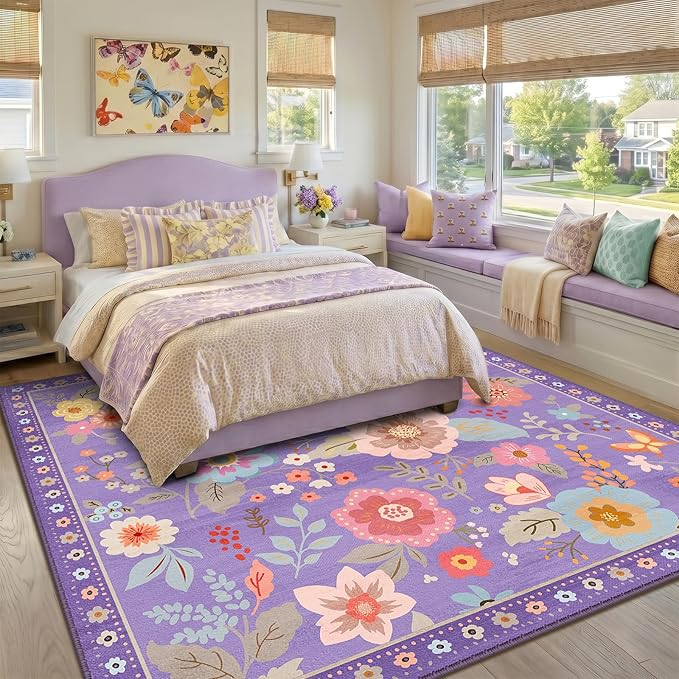 RELEANY Floral Nursery Square 8ft Area Rugs Washable Print Boho Cute Carpet Non Slip Flower Low Pile for Living Room Kids Girls Playroom Bedroom Kitchen Office Farmhouse-Purple/Pink/Multi