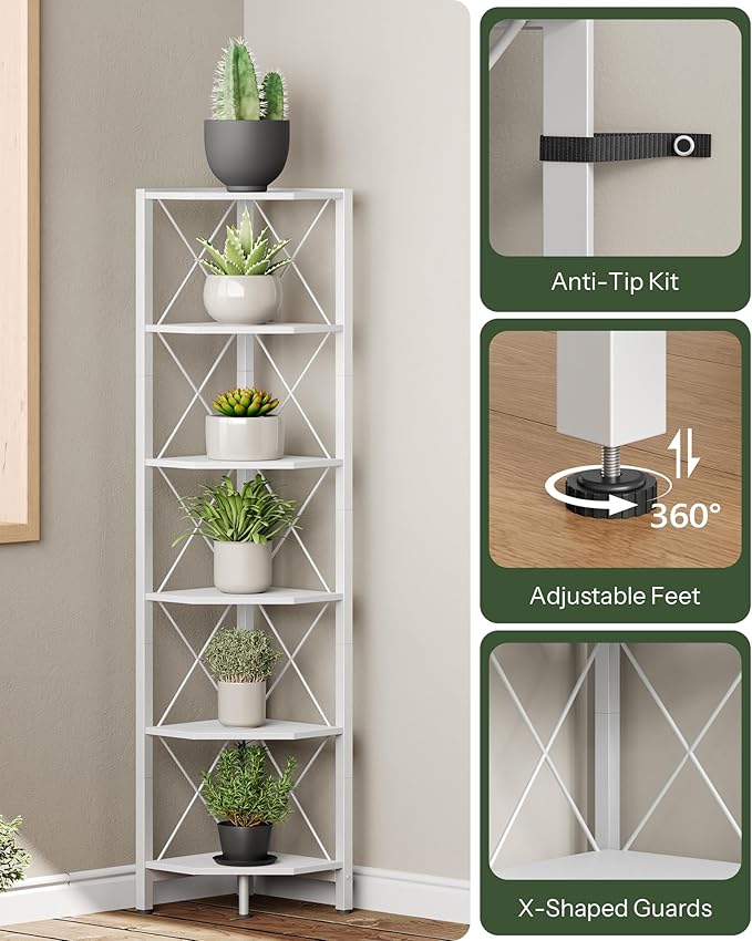 CHOEZON 6-Tier Corner Shelf, Corner Bookcase, 66.9" Tall Vertical Display Rack, Plant Stand, Open Storage Shelf, for Living Room, Bedroom, Study, Kitchen, White TCJ13WB