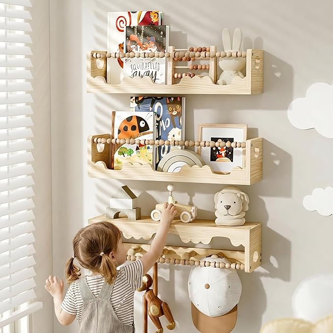 Nursery Shelves for Wall,3 Pack Pine Wood Nursery Floating Book Shelves,Scalloped Floating Shelves for Living Room and Bedroom Wall Decor