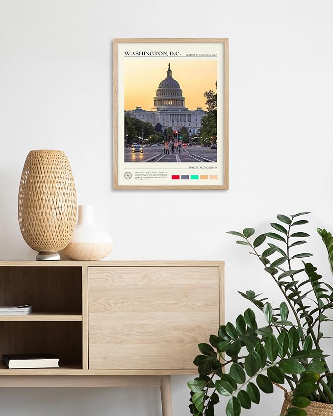 HesenDot Natural OAK Wood Washington DC Framed Wall Art,12x16in US Capitol Building Canvas Wall Print,Classic Urban Landmark Home Decor for Living Room Bedroom Office Gallery, Set of 1