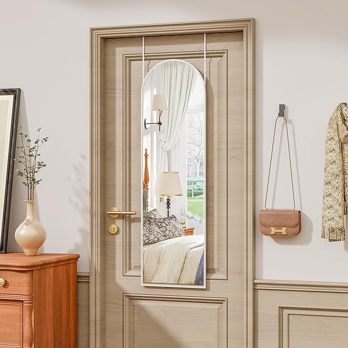 Vlush Door Mirror, Full Length Mirrors Over The Door, 14'' x 48'' Hanging/Rectangular Wall Mirror, Wall-Mounted/Hanging/Leaning, Home Decor,(White)