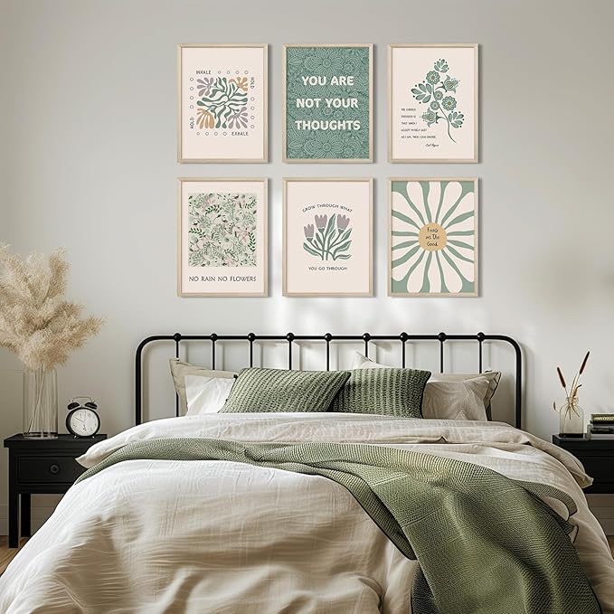 Mental Health Wall Art Therapy Office Canvas Wall Decor Green Motivational Posters Prints Boho Inspirational Quote Pictures Positive Psychology Artwork Painting for Classroom 12x16 Inch Framed 6Pcs