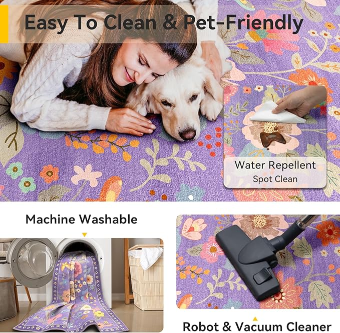 RELEANY Floral Nursery 2x8 Area Rugs Washable Print Boho Cute Carpet Non Slip Flower Low Pile for Living Room Kids Girls Playroom Bedroom Kitchen Office Farmhouse-Purple/Pink/Multi