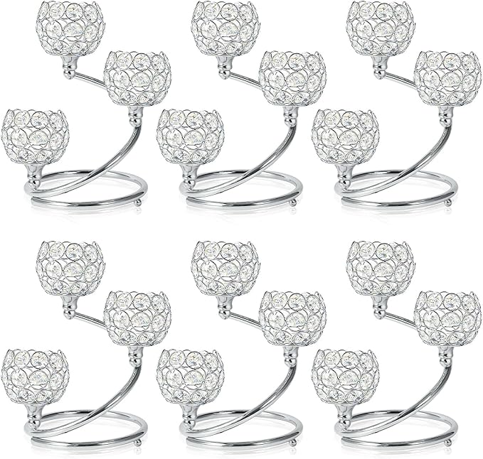 Metal Crystal Candle Holder Set of 3 - Elegant 5-Arm Metal Tea Light Centerpiece with Shining Crystal Bowl, Wedding Anniversary Table Decor for Dining, Party (Silver, 6 Pcs 3 Arm)