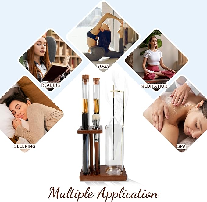 2 in 1 Incense Holder for Sticks Wooden Incense Burner with Glass Ash Catcher Three Incense Sticks Storage Tubes and Brush for Meditation Yoga Spa Home Decor