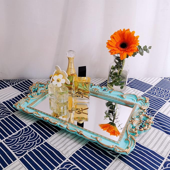 Shell Rectangle Decorative Mirror Tray, French Style, Makeup Organizer, Jewelry Organizer, Serving Tray, 8.2"x 12.9", Golden Blue
