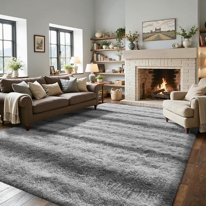 Area Rugs for Living Room 6x9 Feet, Soft Fluffy Shagg Plush Bedroom Rug Non-Slip,Large Carpet for Nursery Kids Dorm Home Deco Grey&White Stripe