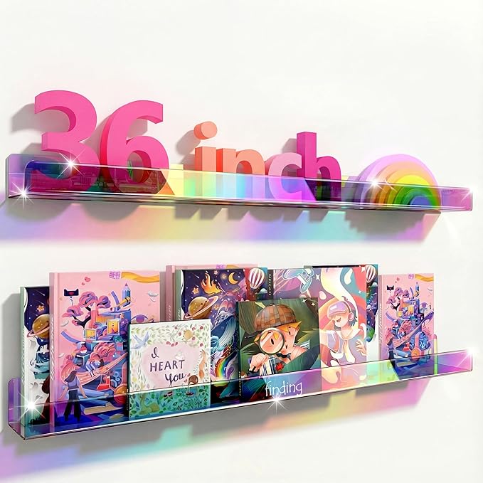 36 inches Iridescent Acrylic Floating Shelf,Wall Mounted Kids Bookshelf, Display Book Shelves for Kids Nursery Toddler Classroom 2 Packs