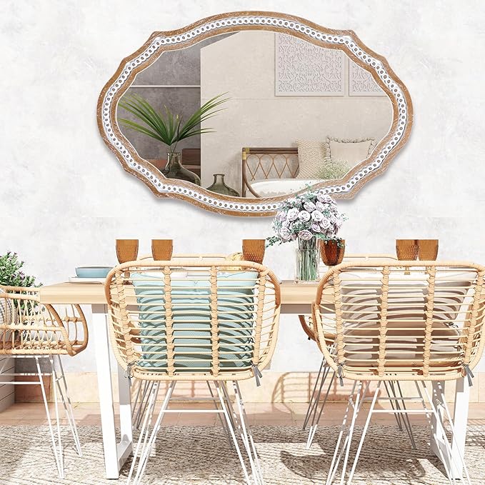 24x35 Inch Wooden Oval Mirror for Wall, Farmhouse Rustic Mirror Decorative for Bathroom Over Sink, Entryway, Living Room, Bedroom (Vertical/Horizontal)