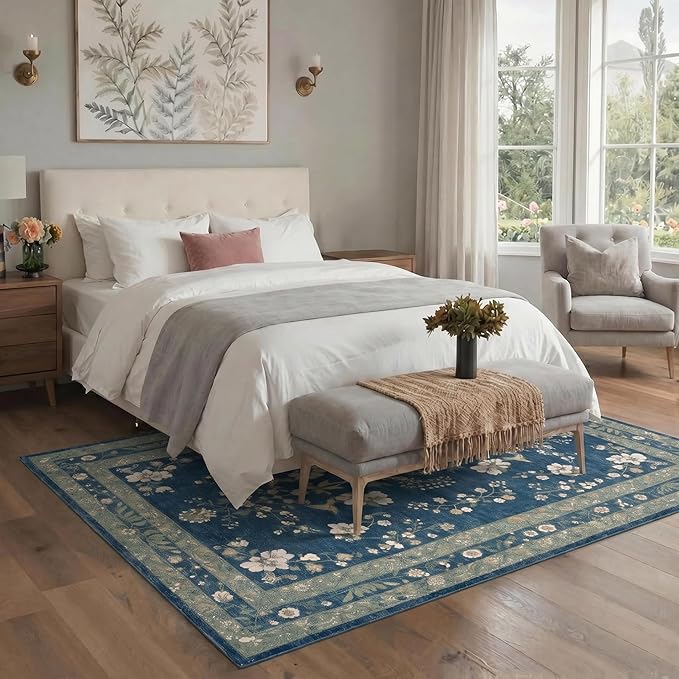 GENIMO 5x7 Area Rugs for Living Room, Machine Washable Non Slip Vintage Rugs, Low Pile Lightweight Chenille Print Rug for Bedroom, Dining Room, Home Office, Dusty Navy