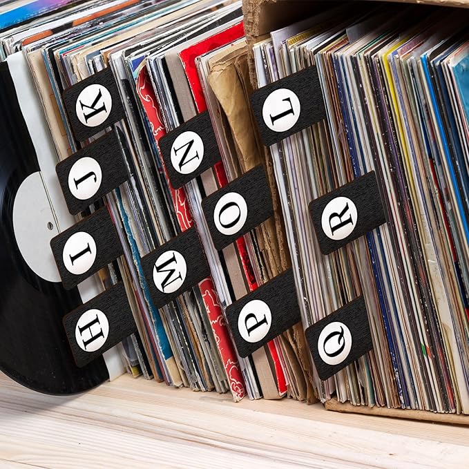 26 Pcs Library Alphabet Book Dividers Wooden Vinyl Record Organizer Separators 26 Alphabetical A-z Dividers Bookshelf Markers for Shelves Cds, Albums, Books (Black)