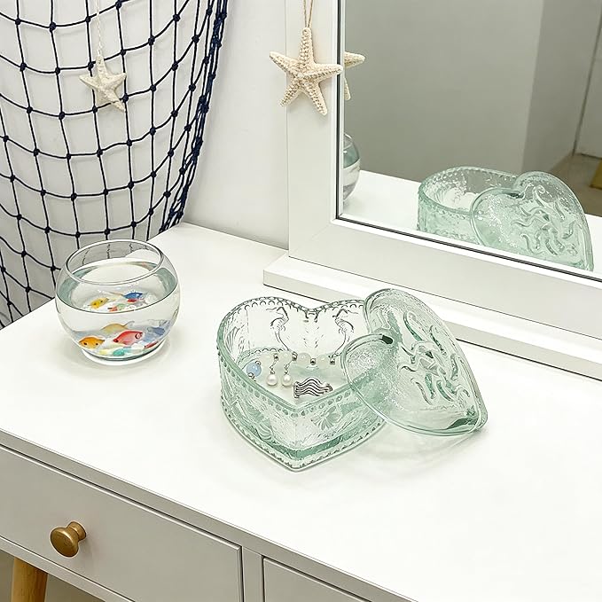 Glass Jewelry Box Heart Shape Cute Box for Storage Ring Earring Trinket Vintage Jewelry Organizer Decorative Gift for Women Girls-GRB021-Blue