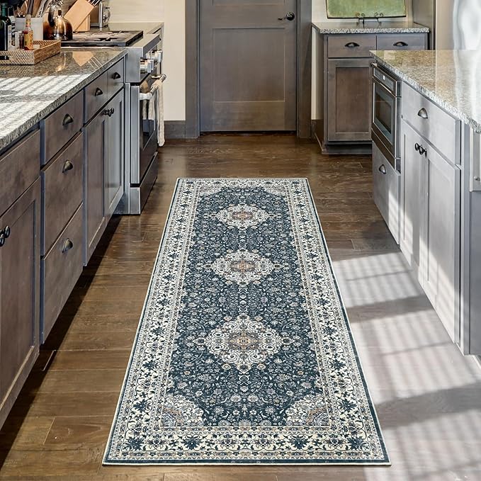 Goideal Washable Runner Rug 2x6, Vintage Rugs Non Slip, Indoor Low Pile Carpet with Rubber Backing for Kitchen Bathroom Entryway Office Bedroom,Black & White