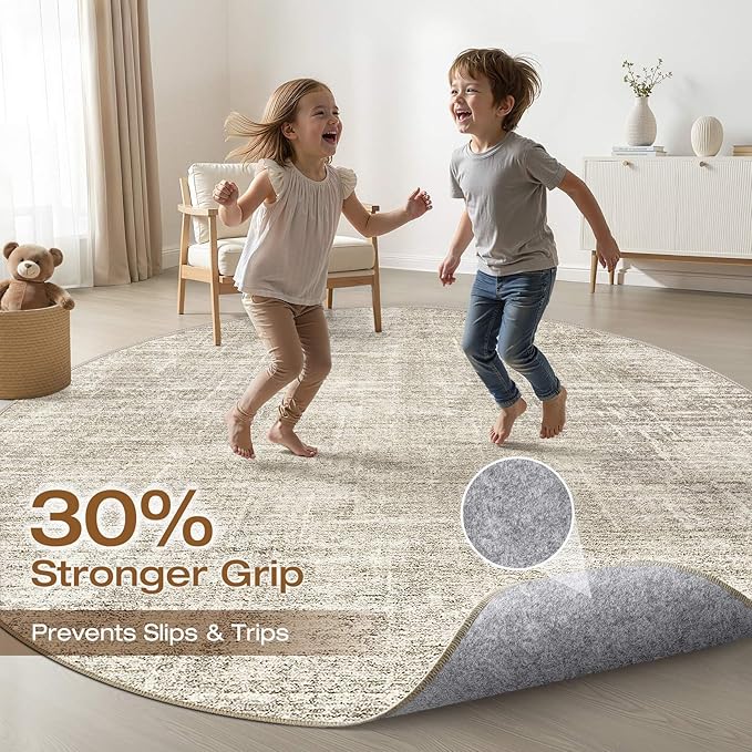 6ft Round Rug Living Room: 6x6 Washable Large Neutral Brown Circle Area Rug Abstract Soft Modern Stain Resistant Indoor Floor Non-Slip Carpet for Bedroom Nursery Kids Office Playroom Dining Room