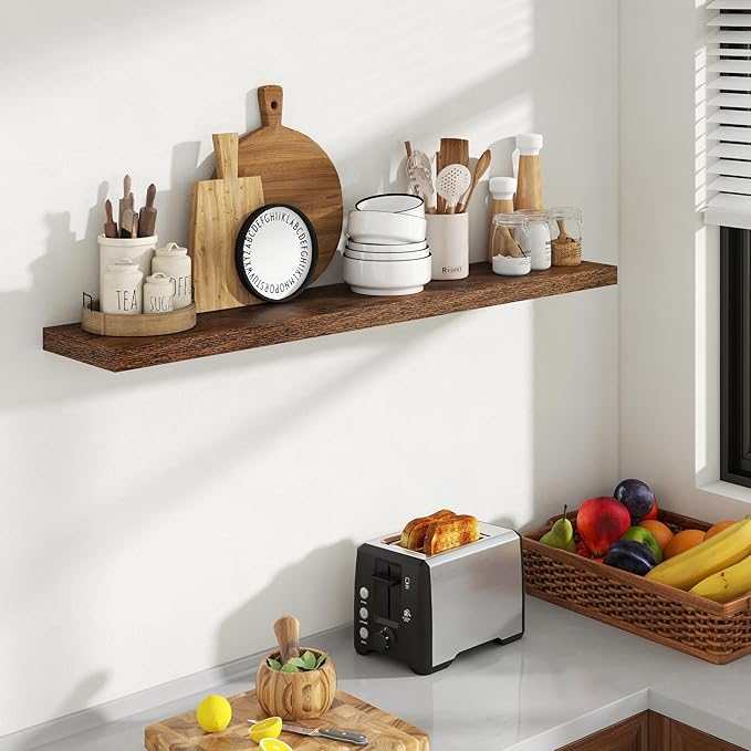 Acovy 48 Inch Floating Shelves, 8 Inch Deep Floating Shelves for Wall, Hanging Shelf with Invisible Brackets, Deep Shelves for Bathroom, Bedroom, Living Room, Brown, Set of 1
