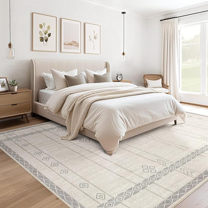 cotiled 5x7 Area Rug Living Room: Washable Boho Rugs with Non Slip Backing Large Soft Indoor Stain Resistant Carpet for Bedroom Farmhouse Dining Room Lightweight Home Decor Grey Beige