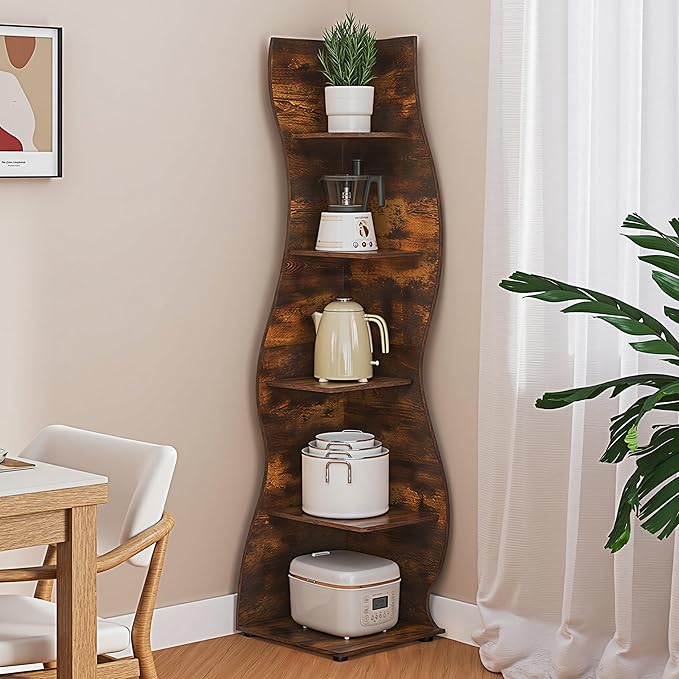 VECELO Wavy Corner Shelf, Decorative 5-Tier Storage Bookshelf, 70.1” Tall Freestanding Display Bookcase for Small Spaces, Living Room or Bedroom, Rustic Brown