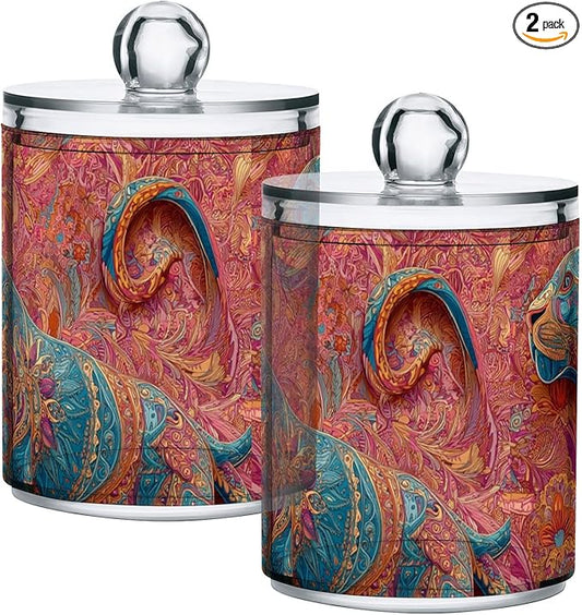 2 Pack Apothecary Jars Pastel Colored Painted Leopard Bathroom Vanity Storage Organizer Set,Small Clear Plastic Storage Jars Bathroom Canister for Cotton Swabs, Rounds, Balls, Qtips,Makeup Spon
